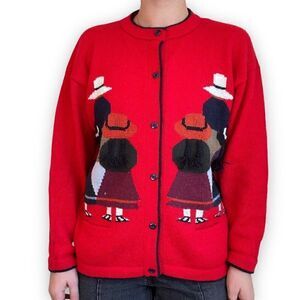 Vintage Womens Hand Loomed Red 100% Alpaca Folk People Scene Cardigan Sz M